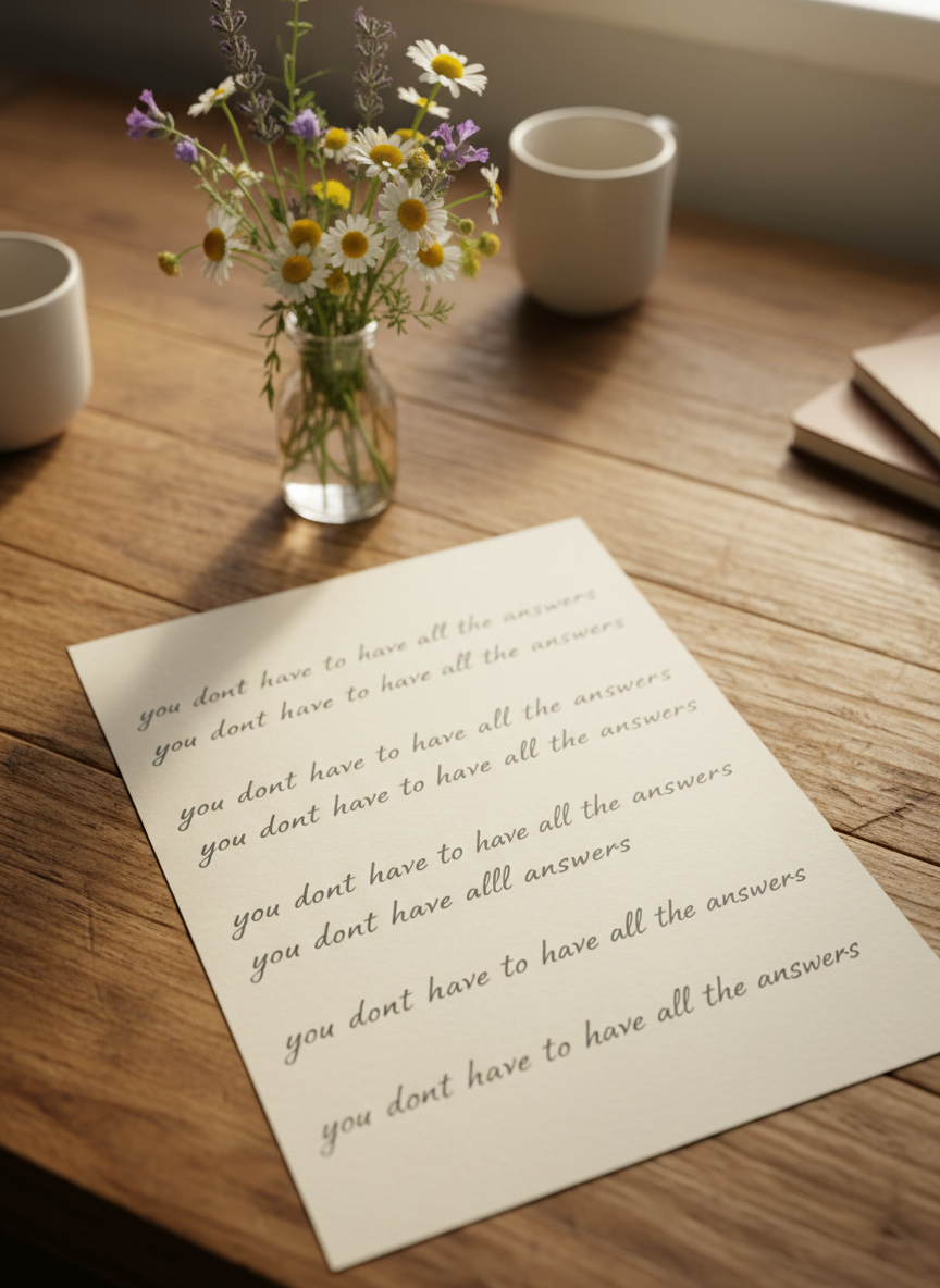 An overhead view of a softly lit wooden desk with a small glass vase of wildflowers softly faded into the background near the top of the frame, and in the foreground a cream-colored sheet of paper where the handwritten phrase “you dont have to have all the answers” is written in neat, repeated lines down the page, evoking reassurance and calm in a trauma-informed therapy context.