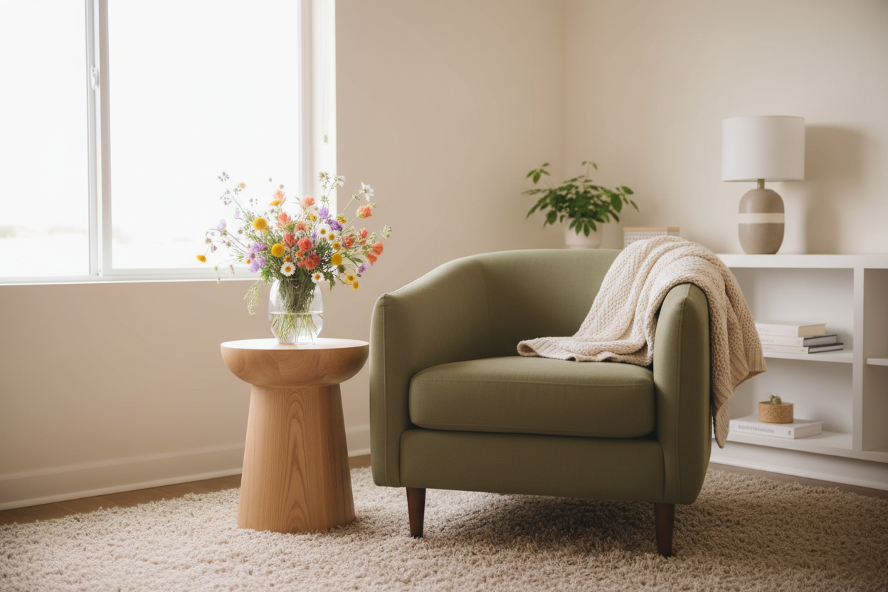 A soft, calming portrait-oriented photo that reflects a grounded, nervous system–informed trauma therapist vibe: warm natural light, a cozy, minimal therapy space with a vase of wildflowers and a comfortable chair, gentle neutral tones with subtle greens, evoking safety, steadiness, and relief, styled to feel modern and inviting for adult clients