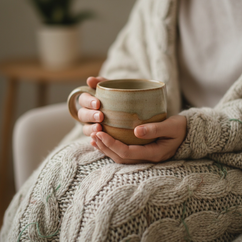 A square, close-up, softly lit photo of a person’s hands holding a warm ceramic mug while wrapped in a textured blanket, in gentle neutral tones with soft greens or browns, evoking safety, warmth, and emotional comfort in a therapy context. Avoid any medical equipment, visible distress, or dramatic lighting.